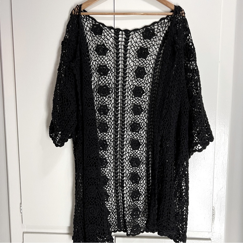 Vintage Black Crochet Boho 70s Duster Cardigan